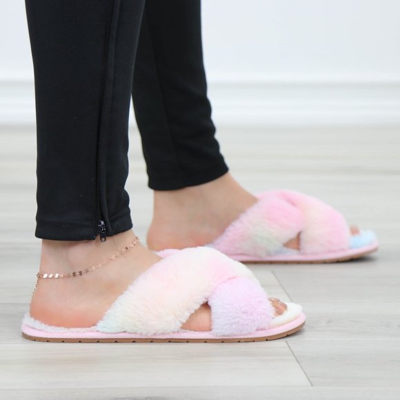 Tie Dye Fuzzy Plush Criss Cross Sandal Sliders - Picture 5 of 16